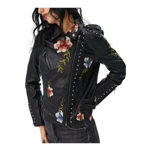 NEW NWT Floral Embroidered Moto Studded Faux Leather Jacket Coat
